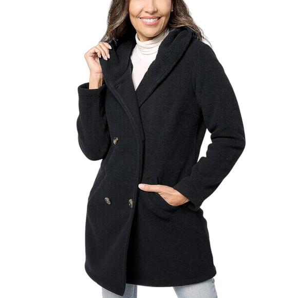 Denim & Co. Jackets & Blazers - Denim & Co. Fleece & Sherpa Hooded Double Breasted Coat Black - Regular